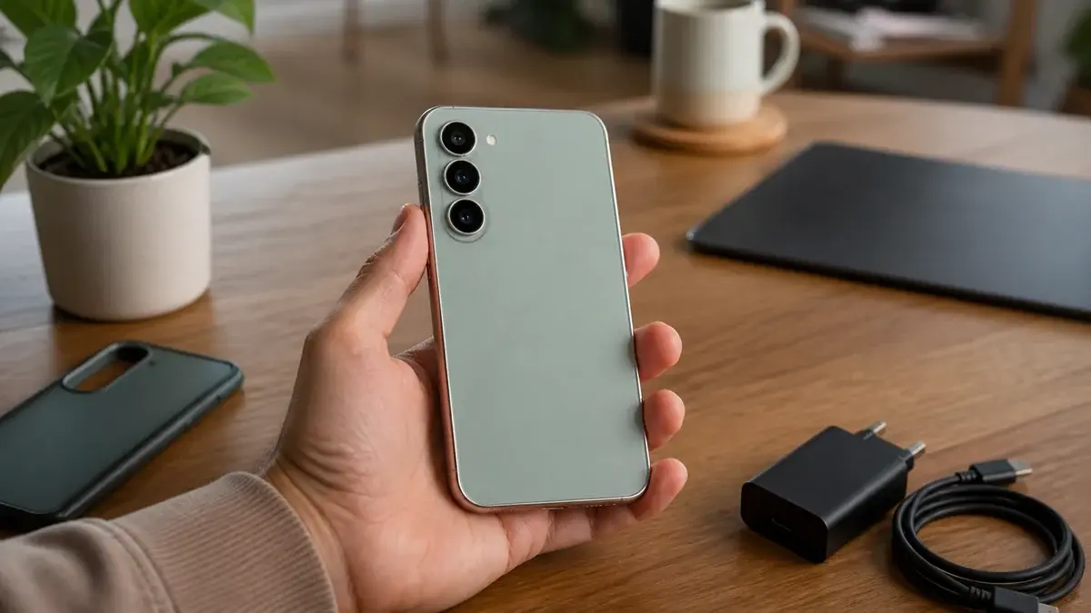 Grafik om Samsung Galaxy A56: mellemklassetelefon med AMOLED-skærm, 5G og IP67 i to lagervarianter