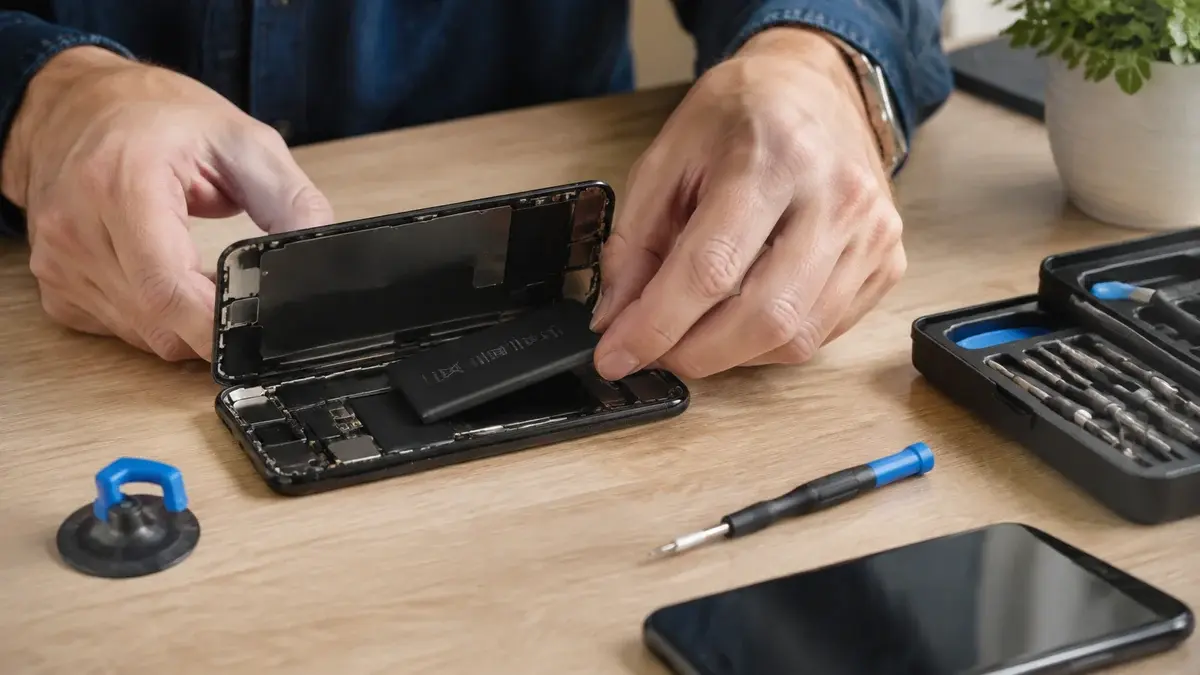 Grafik om batteriskift på iPhone: batteritilstand, udskiftningsbatteri med værktøj og valget mellem reparation og ny telefon